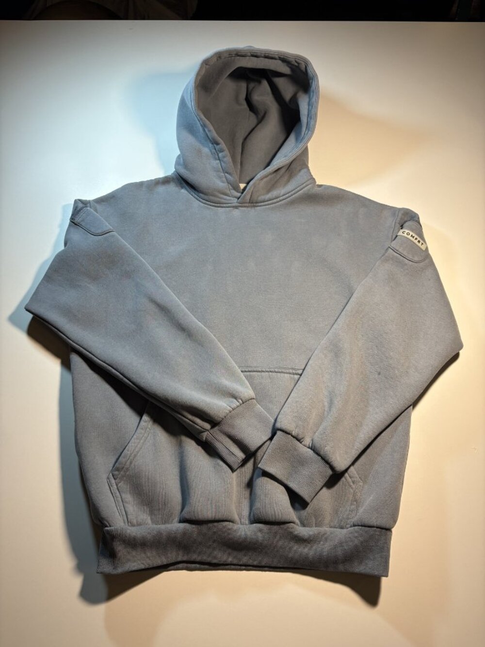Comfrt Hoodie Mens M Gray Blue Pullover Heavyweight Zip Pocket Minimal